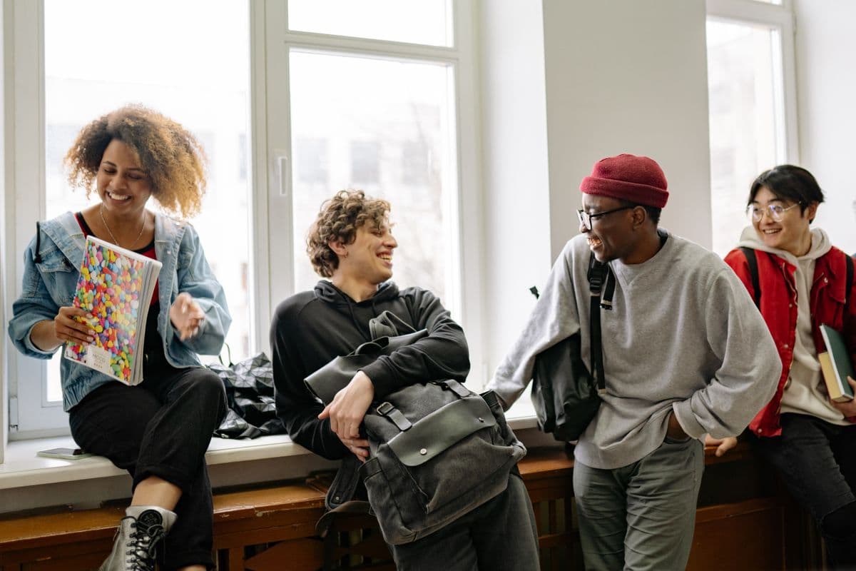 People in conversation on campus